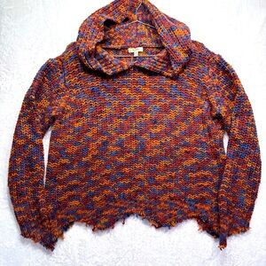 Kori America Fall Multicolor Chunky Knit Hooded Sweater Zigzag Fringe Boho S/M